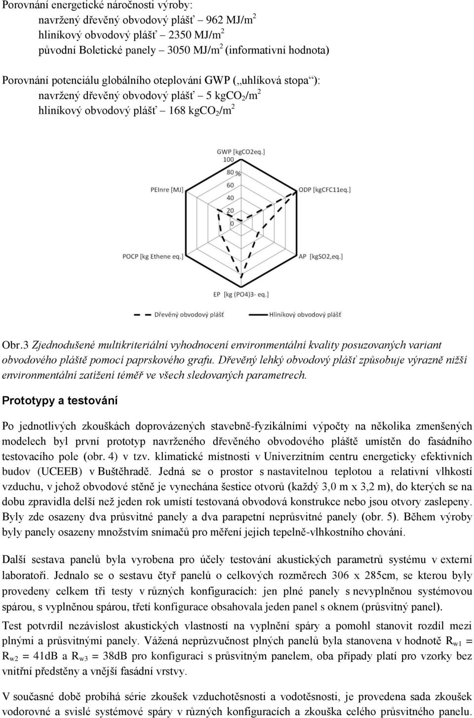 3 Zjednodušené multikriteriální vyhodnocení environmentální kvality posuzovaných variant obvodového pláště pomocí paprskového grafu.