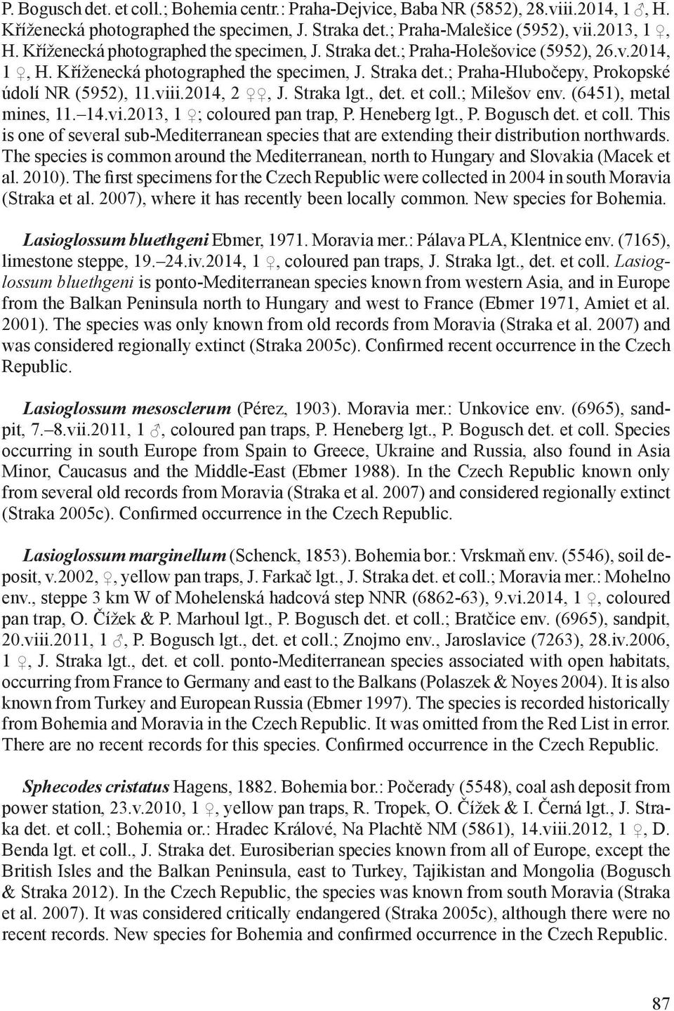 viii.2014, 2, J. Straka lgt., det. et coll.; Milešov env. (6451), metal mines, 11. 14.vi.2013, 1 ; coloured pan trap, P. Heneberg lgt., P. Bogusch det. et coll. This is one of several sub-mediterranean species that are extending their distribution northwards.