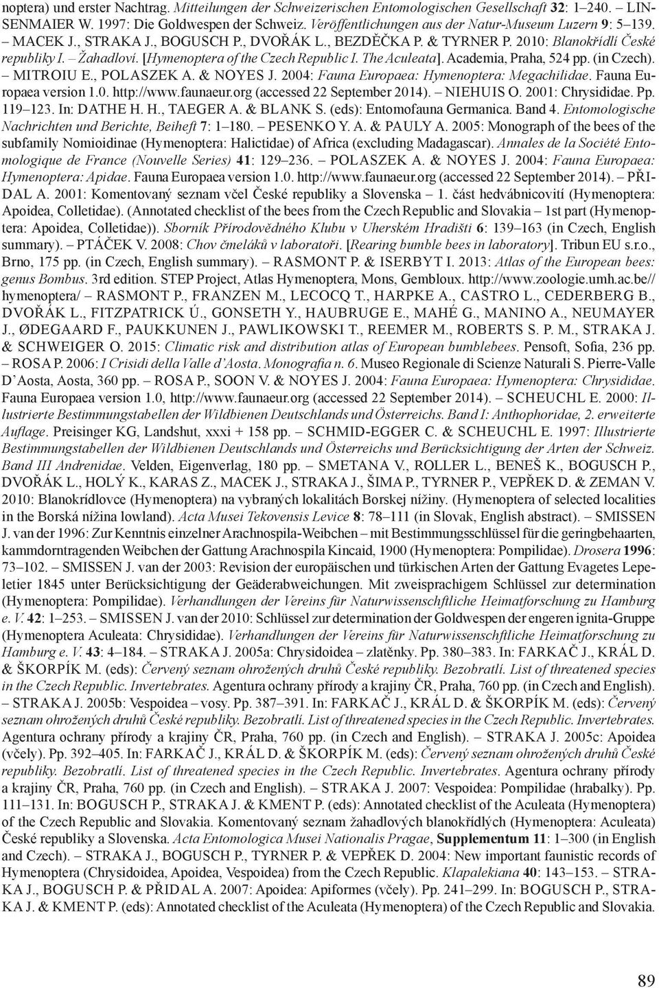 [Hymenoptera of the Czech Republic I. The Aculeata]. Academia, Praha, 524 pp. (in Czech). MITROIU E., POLASZEK A. & NOYES J. 2004: Fauna Europaea: Hymenoptera: Megachilidae. Fauna Europaea version 1.