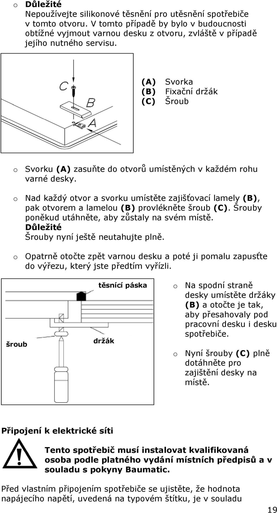 (A) (B) (C) Svorka Fixační držák Šroub o Svorku (A) zasuňte do otvorů umístěných v každém rohu varné desky.