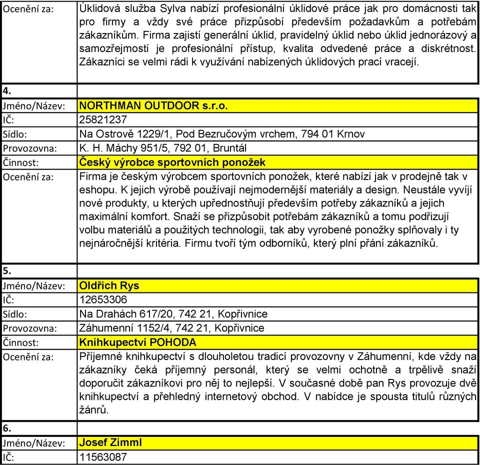 Zákazníci se velmi rádi k využívání nabízených úklidových prací vracejí. 4. Jméno/Název: NORTHMAN OUTDOOR s.r.o. IČ: 25821237 Sídlo: Na Ostrově 1229/1, Pod Bezručovým vrchem, 794 01 Krnov K. H.