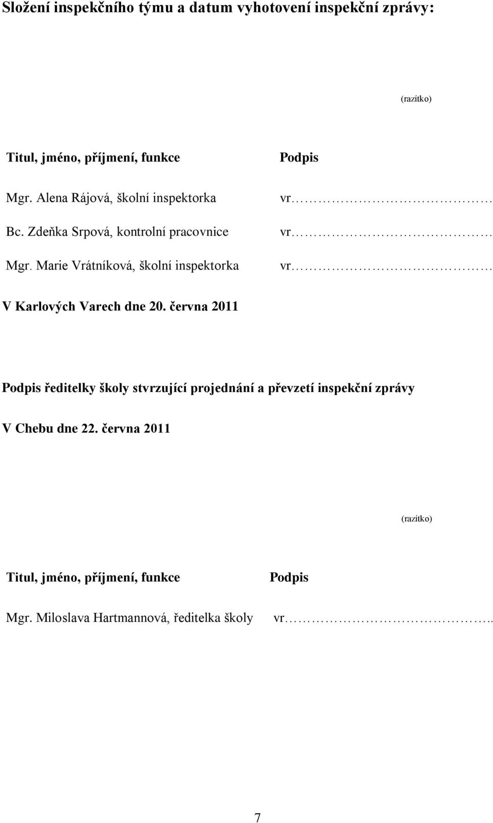 Marie Vrátníková, školní inspektorka vr vr vr V Karlových Varech dne 20.