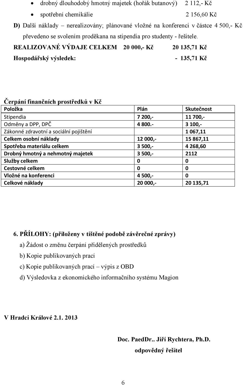 REALIZOVANÉ VÝDAJE CELKEM 20 000,- Kč 20 135,71 Kč Hospodářský výsledek: - 135,71 Kč Čerpání finančních prostředků v Kč Položka Plán Skutečnost Stipendia 7 200,- 11 700,- Odměny a DPP, DPČ 4 800.