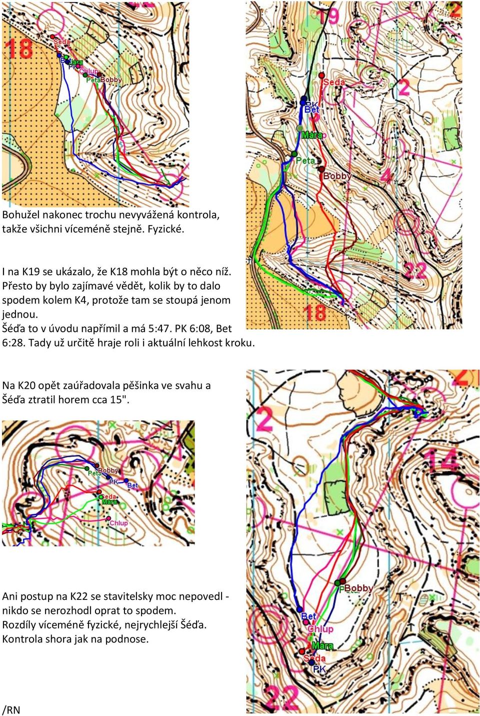 PK 6:08, Bet 6:28. Tady už určitě hraje roli i aktuální lehkost kroku. Na K20 opět zaúřadovala pěšinka ve svahu a Šéďa ztratil horem cca 15".