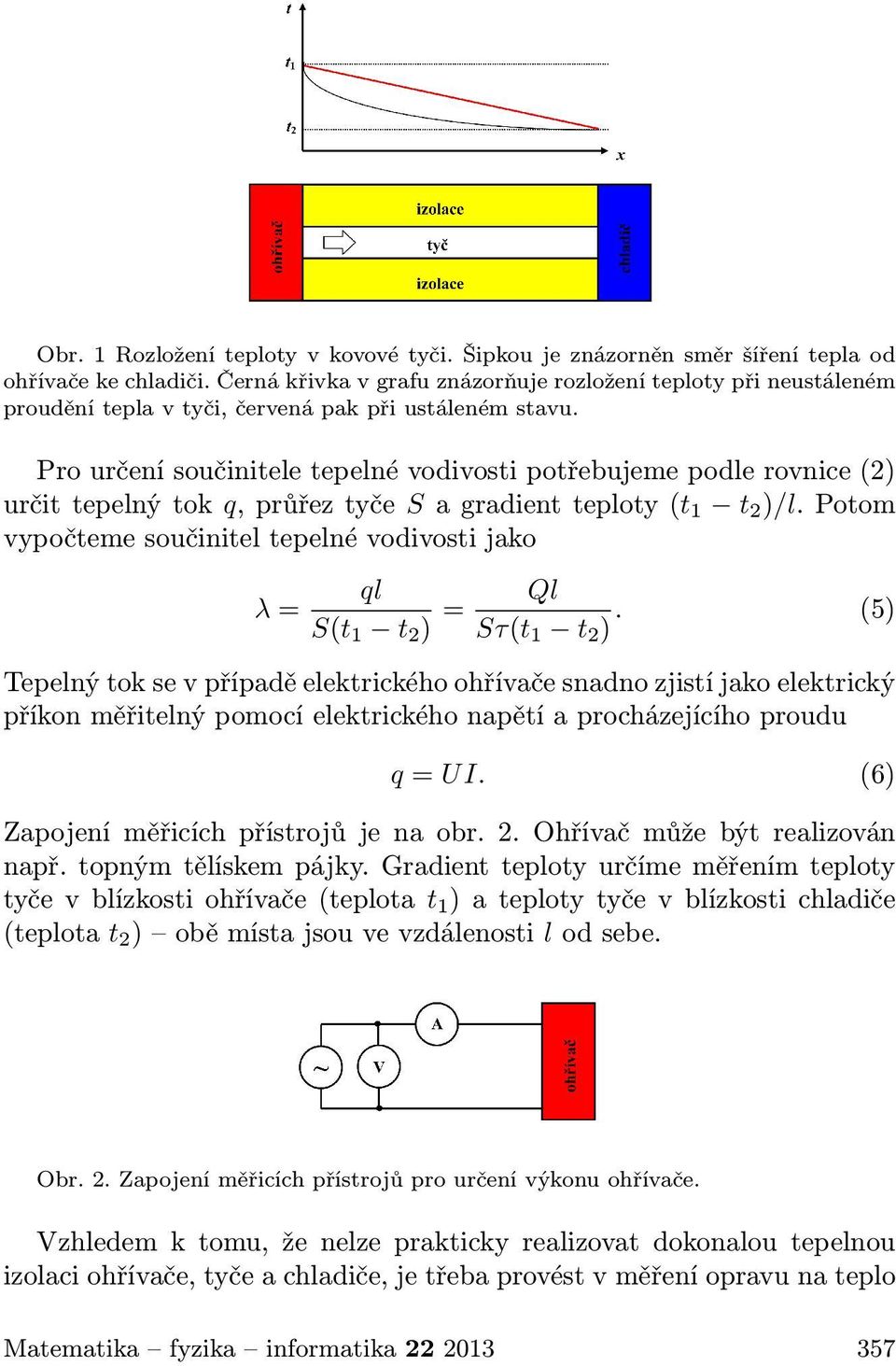 Pro určení součinitele tepelné vodivosti potřebujeme podle rovnice (2) určit tepelný tok q, průřez tyče S a gradient teploty (t 1 t 2 )/l.