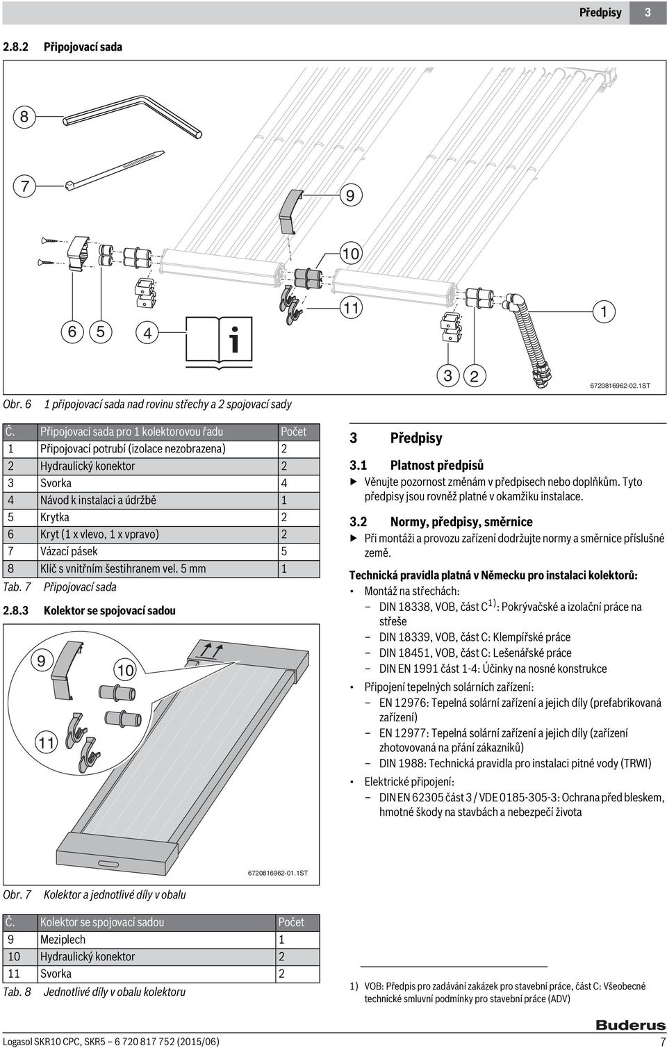 5 8 Klíč s vnitřním šestihranem vel. 5 mm Tab. 7 Připojovací sada.8.3 Kolektor se spojovací sadou 9 0 3 Předpisy 3. Platnost předpisů Věnujte pozornost změnám v předpisech nebo doplňkům.