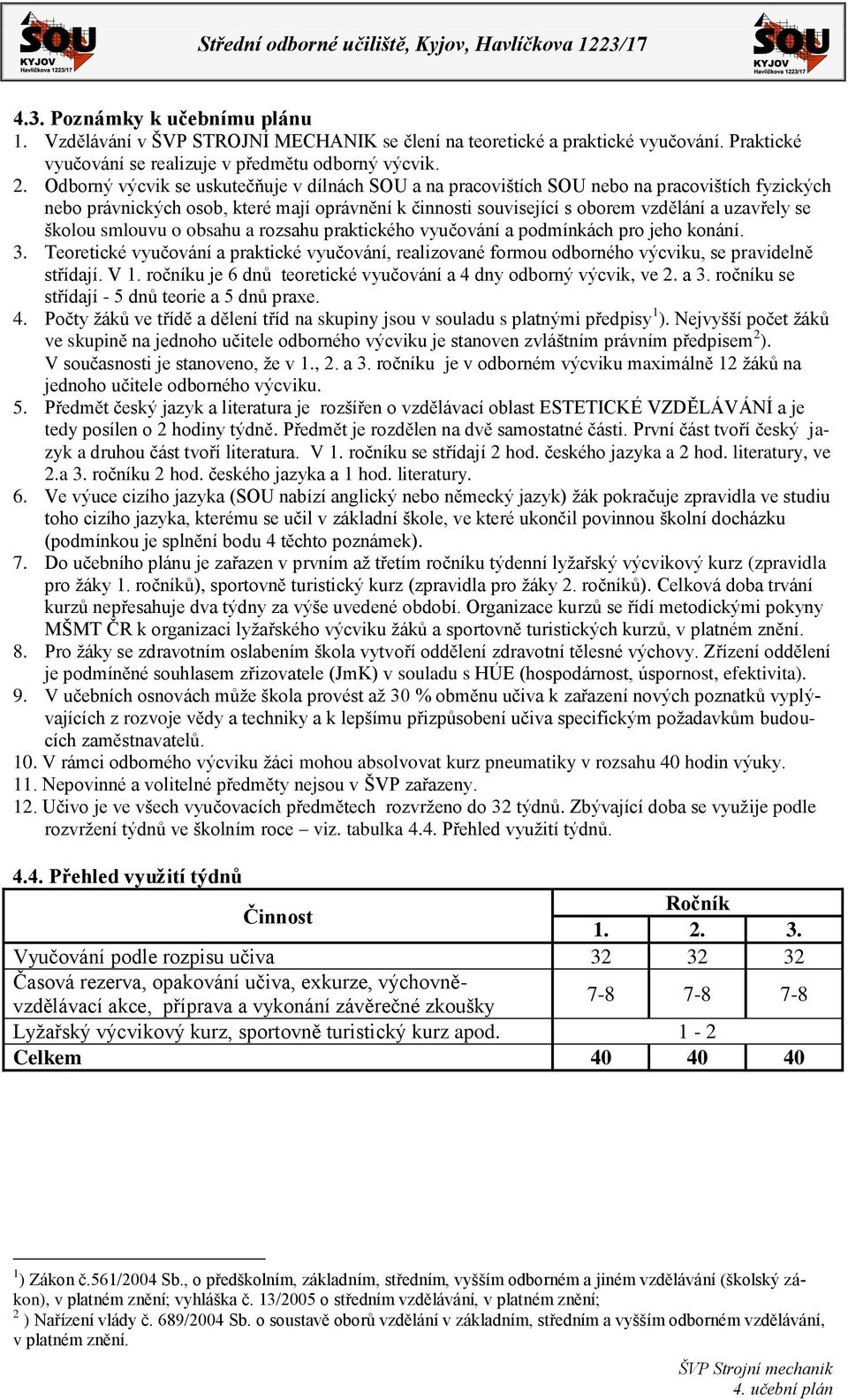 školou smlouvu o obsahu a rozsahu praktického vyučování a podmínkách pro jeho konání. 3. Teoretické vyučování a praktické vyučování, realizované formou odborného výcviku, se pravidelně střídají. V 1.