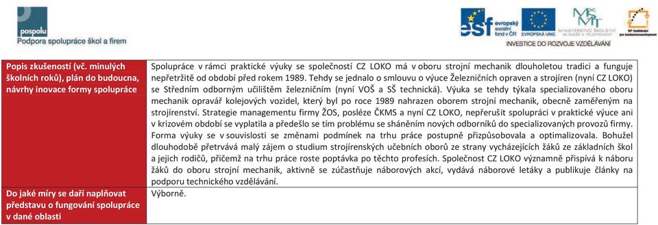 společností CZ LOKO má v oboru strojní mechanik dlouholetou tradici a funguje nepřetržitě od období před rokem 1989.