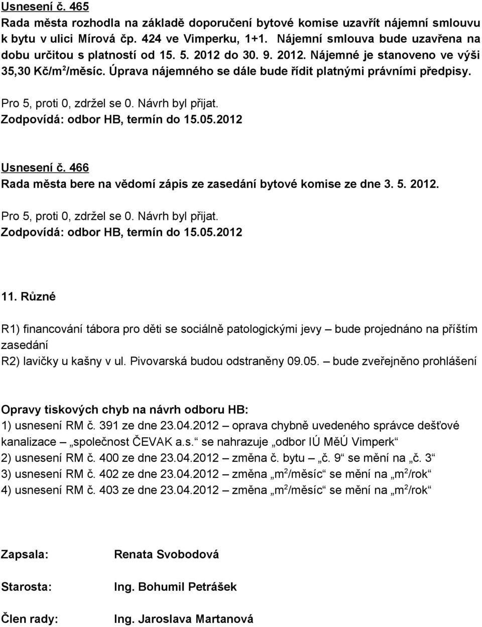 Úprava nájemného se dále bude řídit platnými právními předpisy. Usnesení č. 466 Rada města bere na vědomí zápis ze zasedání bytové komise ze dne 3. 5. 2012. 11.