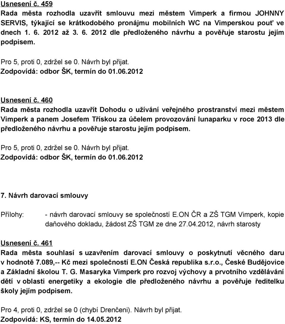 460 Rada města rozhodla uzavřít Dohodu o užívání veřejného prostranství mezi městem Vimperk a panem Josefem Třískou za účelem provozování lunaparku v roce 2013 dle předloženého návrhu a pověřuje