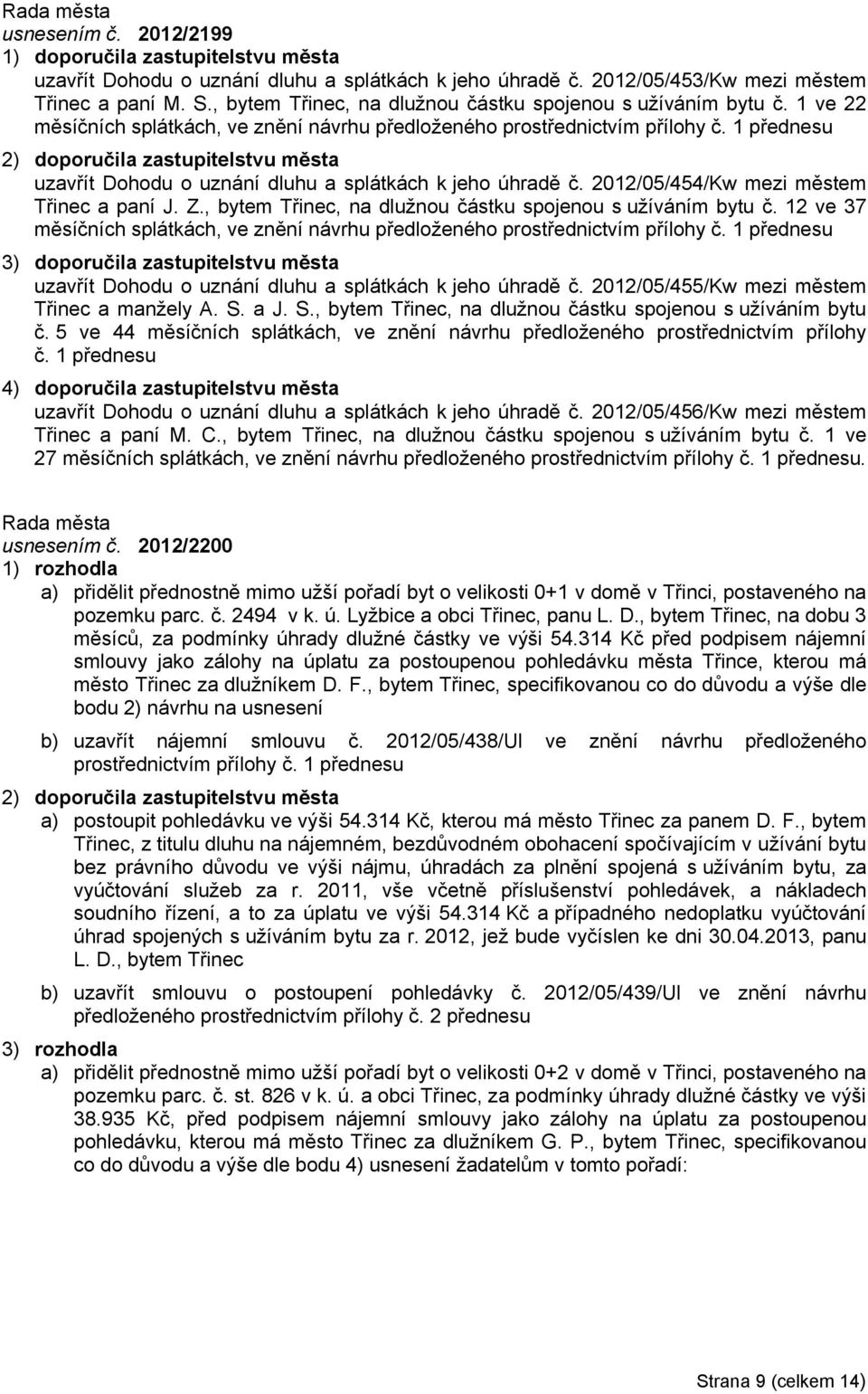 1 přednesu 2) doporučila zastupitelstvu města uzavřít Dohodu o uznání dluhu a splátkách k jeho úhradě č. 2012/05/454/Kw mezi městem Třinec a paní J. Z.