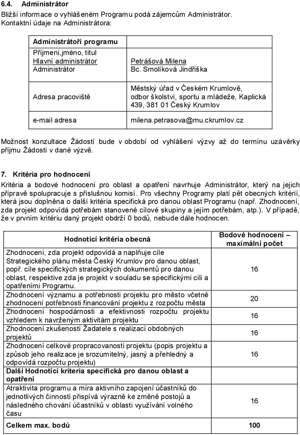 Smolíková Jindřiška Městský úřad v Českém Krumlově, odbor školství, sportu a mládeže, Kaplická 439, 381 01 Český Krumlov milena.petrasova@mu.ckrumlov.