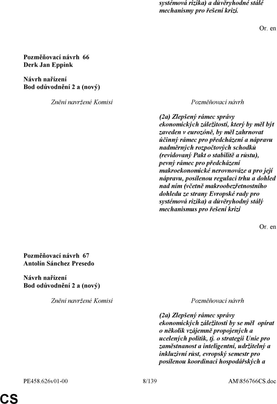 nadměrných rozpočtových schodků (revidovaný Pakt o stabilitě a růstu), pevný rámec pro předcházení makroekonomické nerovnováze a pro její nápravu, posílenou regulaci trhu a dohled nad ním (včetně