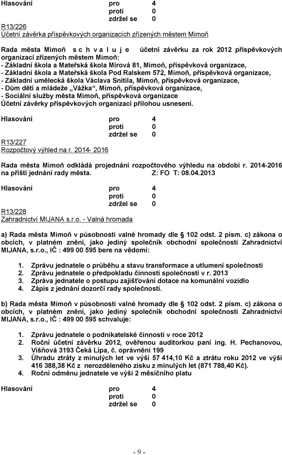 příspěvková organizace, - Dům dětí a mládeže Vážka, Mimoň, příspěvková organizace, - Sociální služby města Mimoň, příspěvková organizace Účetní závěrky příspěvkových organizací přílohou usnesení.