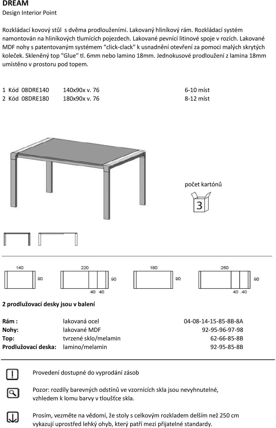 Jednokusové prodloužení z lamina 18mm umístěno v prostoru pod topem. 1 Kód 08DRE140 140x90x v. 76 6-10 míst 2 Kód 08DRE180 180x90x v.
