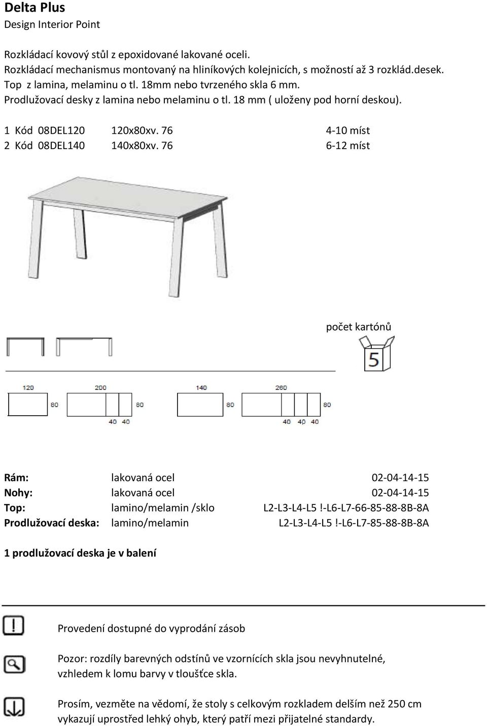 76 4-10 míst 2 Kód 08DEL140 140x80xv. 76 6-12 míst počet kartónů Rám: lakovaná ocel 02-04-14-15 Nohy: lakovaná ocel 02-04-14-15 Top: lamino/melamin /sklo L2-L3-L4-L5!