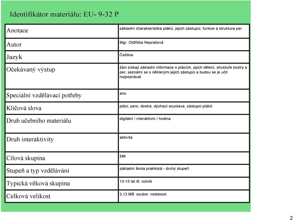 rozpoznávat Speciální vzdělávací potřeby Klíčová slova Druh učebního materiálu ano ptáci, pero, dostra, dýchací soustava, zástupci ptáků digitální / interaktivní / hodina