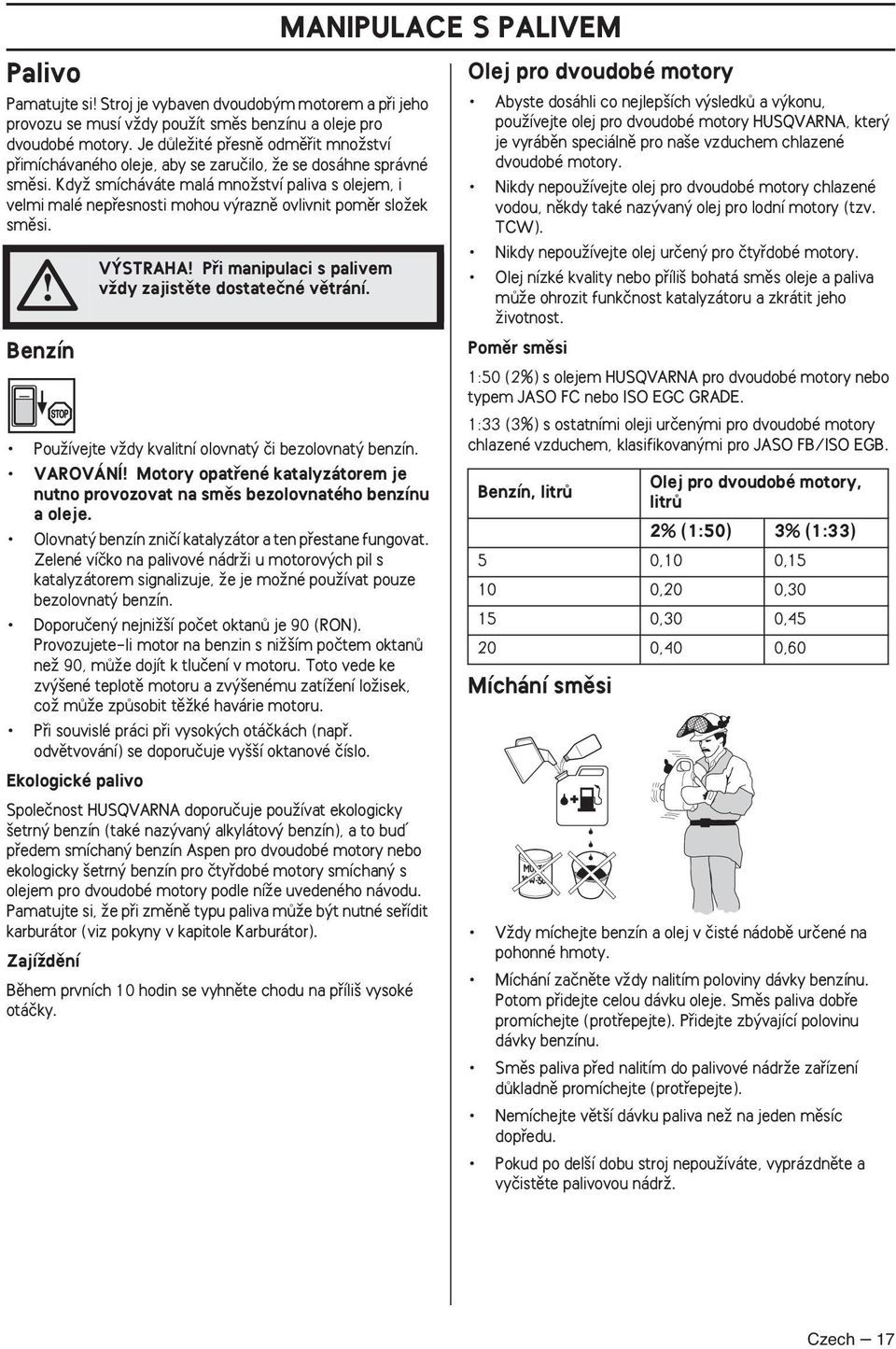 KdyÏ smícháváte malá mnoïství paliva s olejem, i velmi malé nepfiesnosti mohou v raznû ovlivnit pomûr sloïek smûsi. Benzín V STRAHA Pfii manipulaci s palivem vïdy zajistûte dostateãné vûtrání.