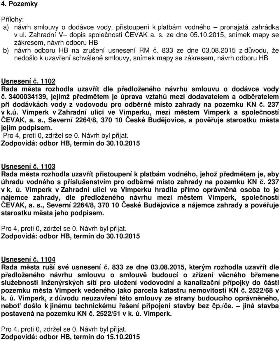 2015 z důvodu, že nedošlo k uzavření schválené smlouvy, snímek mapy se zákresem, návrh odboru HB Usnesení č. 1102 Rada města rozhodla uzavřít dle předloženého návrhu smlouvu o dodávce vody č.