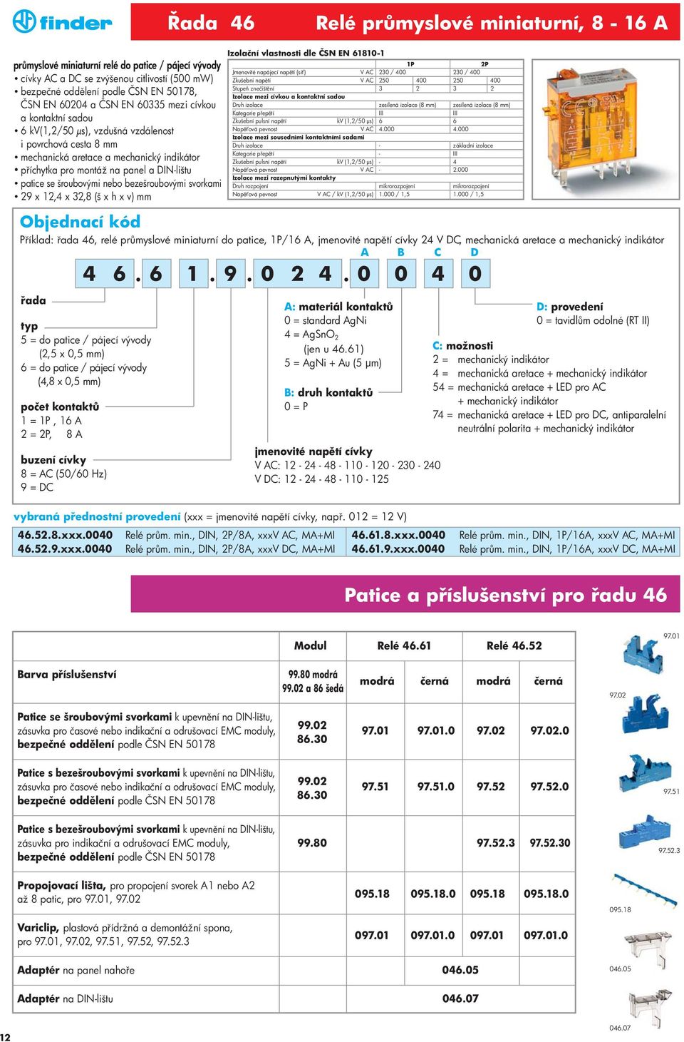 nebo bezešroubovými svorkami 29 x 12,4 x 32,8 (š x h x v) mm P íklad: 46, relé pr myslové miniaturní do patice, 1P/16 A, jmenovité nap tí cívky 24 V DC, mechanická aretace a mechanický indikátor A B