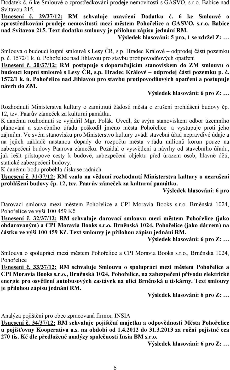 Výsledek hlasování: 5 pro, 1 se zdržel Z: Smlouva o budoucí kupní smlouvě s Lesy ČR, s.p. Hradec Králové odprodej části pozemku p. č. 1572/1 k. ú.