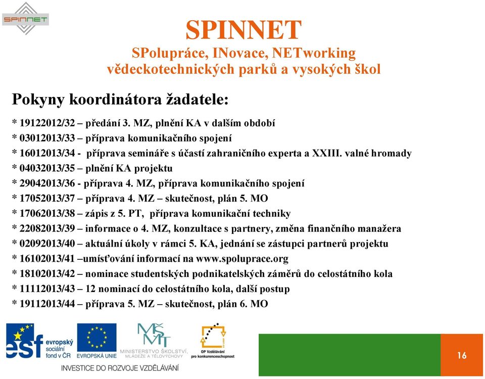 valné hromady * 04032013/35 plnění KA projektu * 29042013/36 - příprava 4. MZ, příprava komunikačního spojení * 17052013/37 příprava 4. MZ skutečnost, plán 5. MO * 17062013/38 zápis z 5.