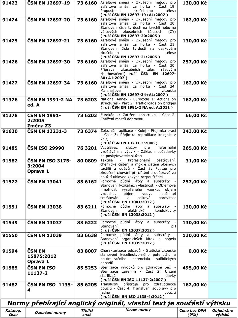 13038 83 6211 91549 ČSN EN 13037 83 6222 91550 ČSN EN 13039 83 6638 asfaltové směsi za horka - Část 19: Propustnost zkušebního tělesa ( ruší ČSN EN 12697-19+A1:2007 ) asfaltové směsi za horka - Část