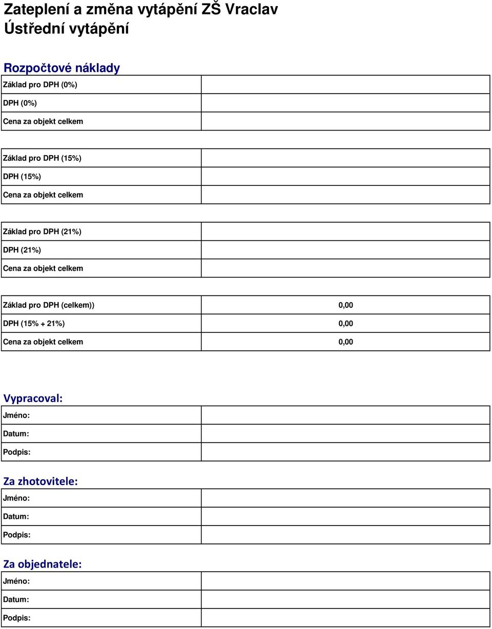 (21%) Cena za objekt celkem Základ pro DPH (celkem)) 0,00 DPH (15% + 21%) 0,00 Cena za objekt celkem