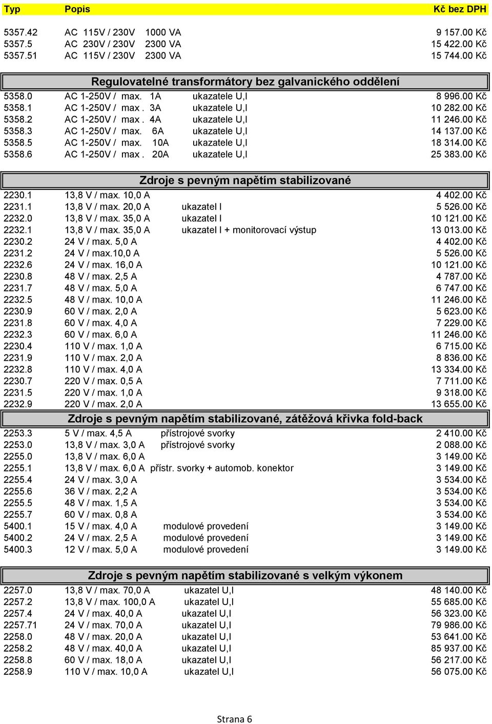 6A ukazatele U,I 14 137.00 Kč 5358.5 AC 1-250V / max. 10A ukazatele U,I 18 314.00 Kč 5358.6 AC 1-250V / max. 20A ukazatele U,I 25 383.00 Kč Zdroje s pevným napětím stabilizované 2230.1 13,8 V / max.