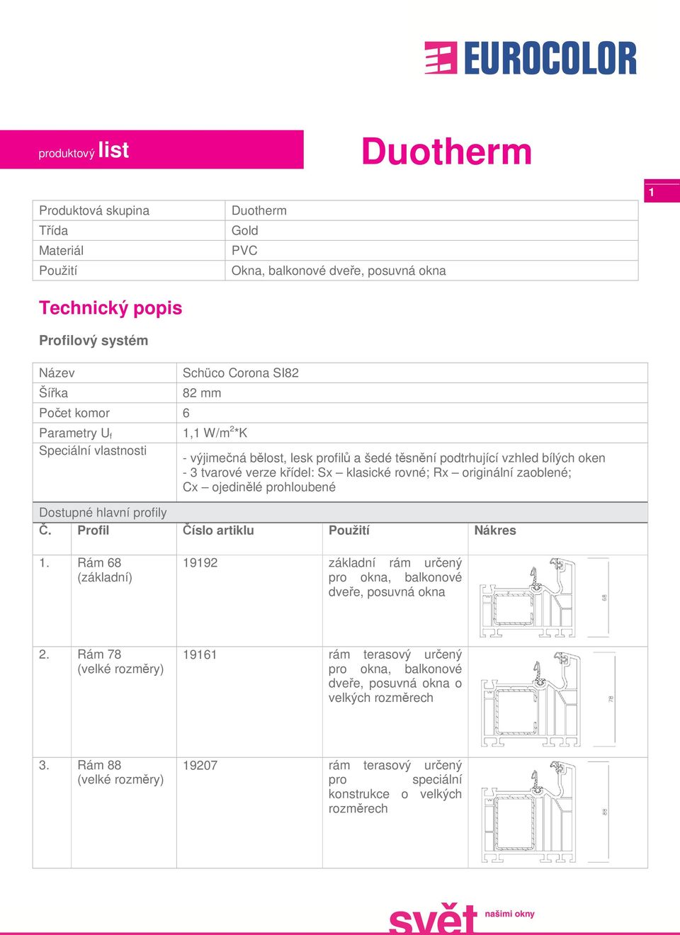 zaoblené; Cx ojedinělé prohloubené Dostupné hlavní profily Č. Profil Číslo artiklu Použití Nákres 1. Rám 68 (základní) 19192 základní rám určený pro okna, balkonové dveře, posuvná okna 2.