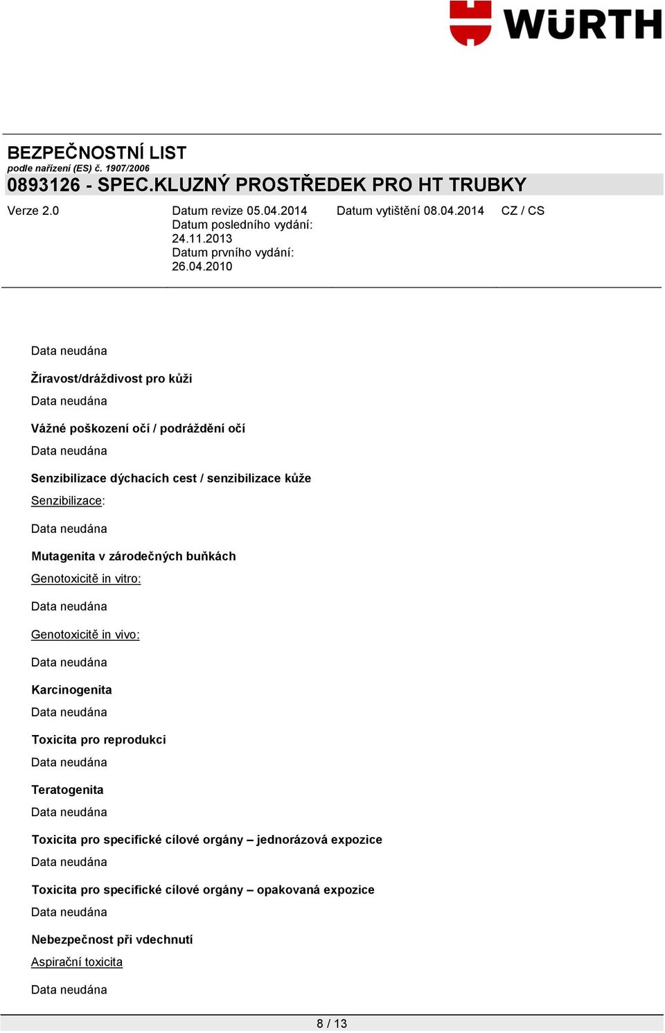 vivo: Karcinogenita Toxicita pro reprodukci Teratogenita Toxicita pro specifické cílové orgány jednorázová