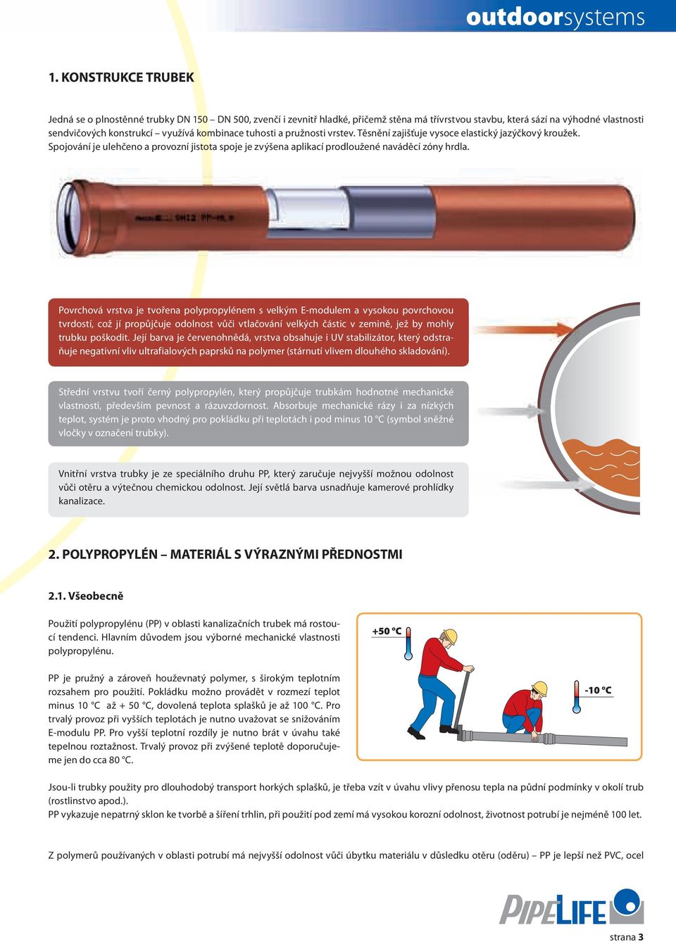 Povrchová vrstva je tvořena polypropylénem s velkým E-modulem a vysokou povrchovou tvrdostí, což jí propůjčuje odolnost vůči vtlačování velkých částic v zemině, jež by mohly trubku poškodit.