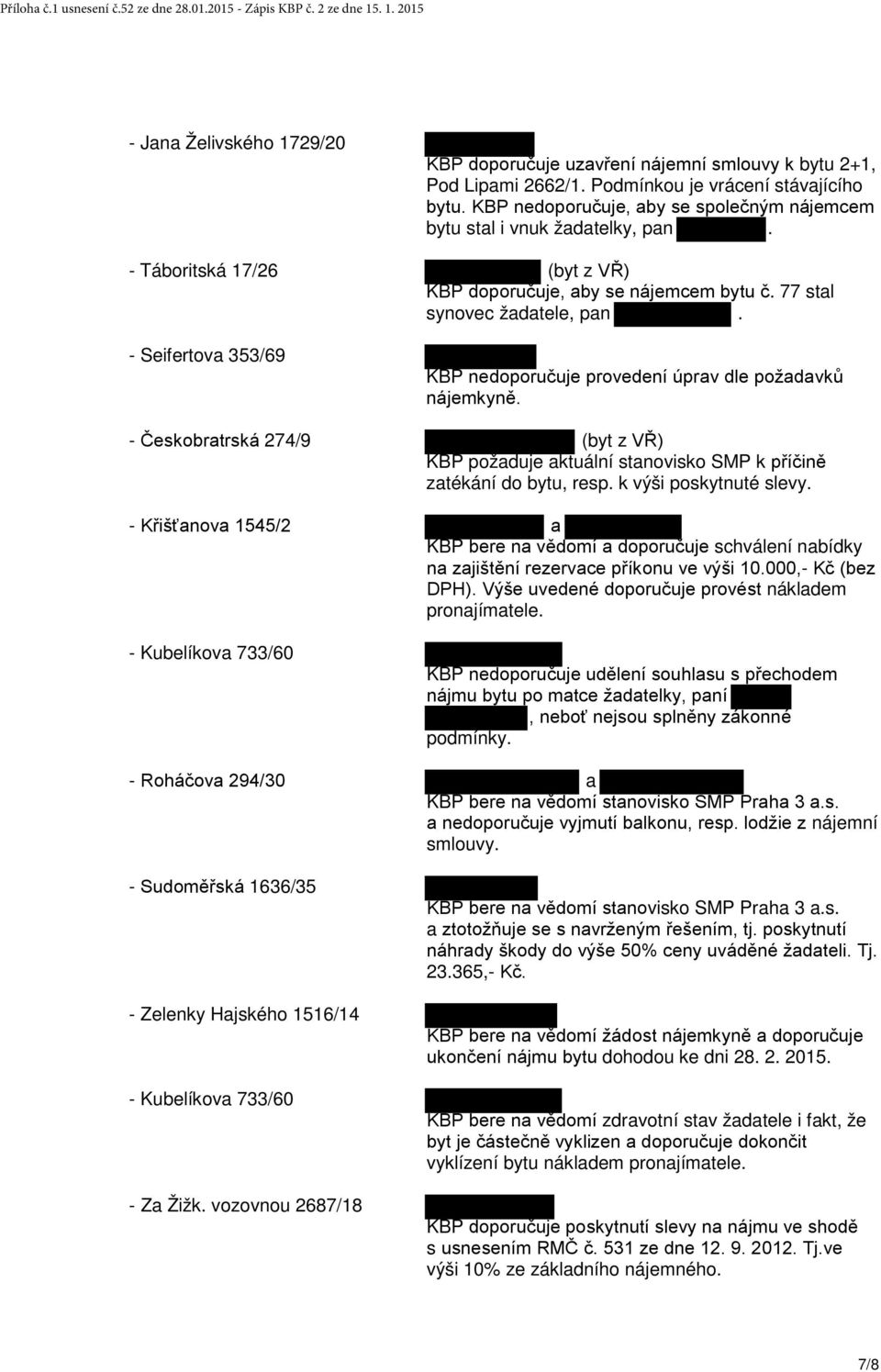 Seifertova 353/69 KBP nedoporučuje provedení úprav dle požadavků nájemkyně. Českobratrská 274/9 (byt z VŘ) KBP požaduje aktuální stanovisko SMP k příčině zatékání do bytu, resp.