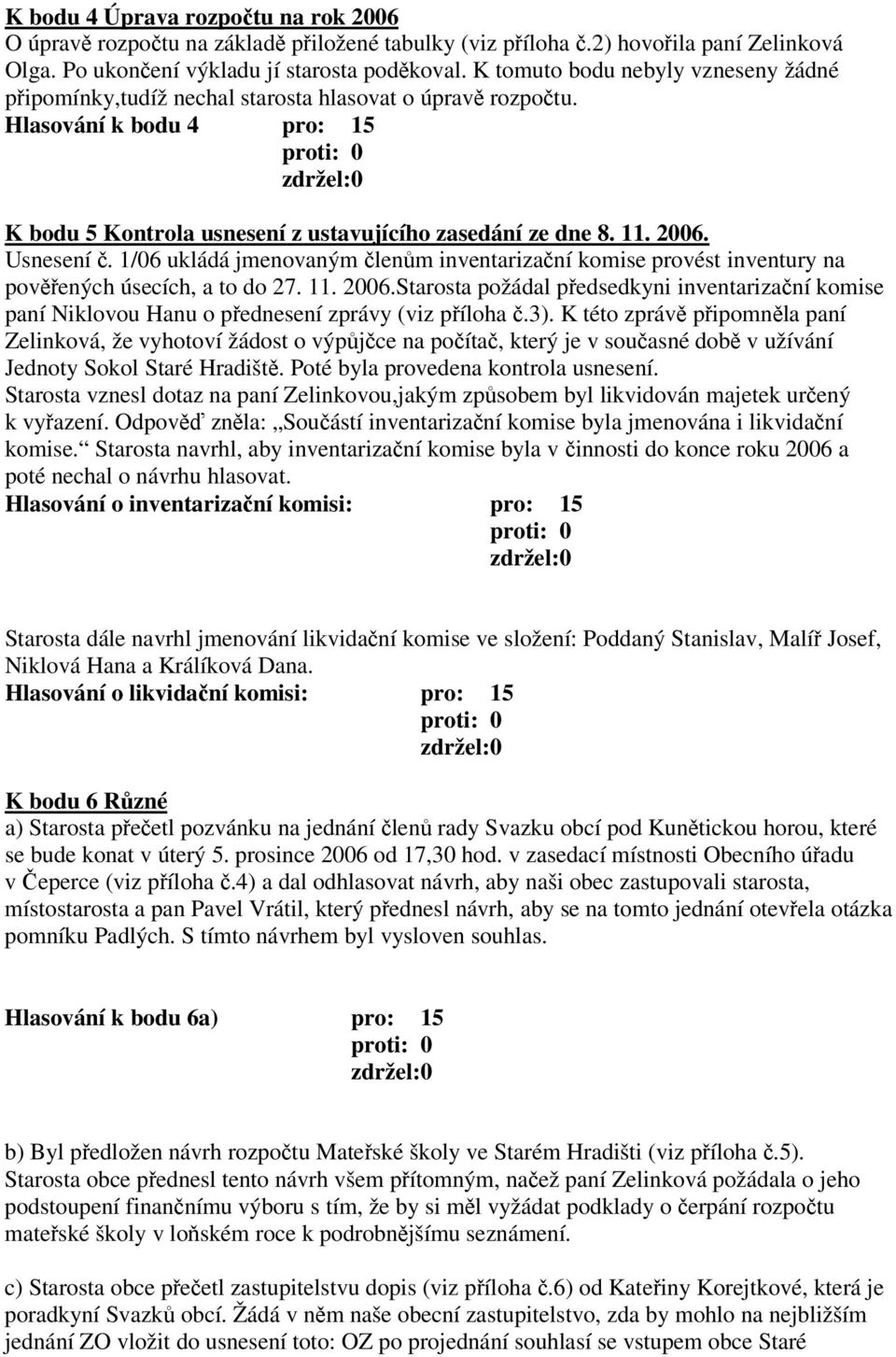 Usnesení. 1/06 ukládá jmenovaným lenm inventarizaní komise provést inventury na povených úsecích, a to do 27. 11. 2006.