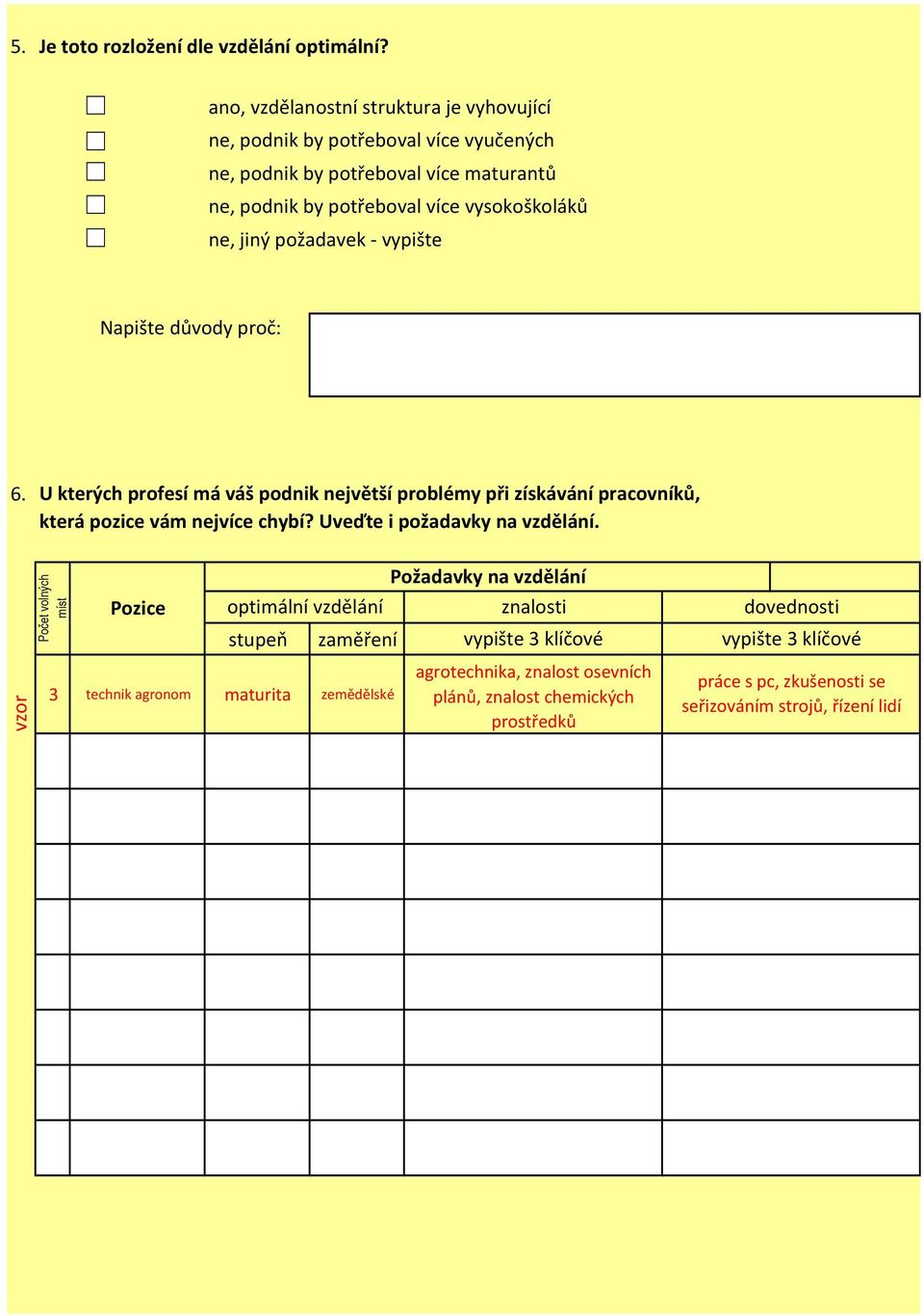 požadavek vypište Napište důvody proč: 6. U kterých profesí má váš podnik největší problémy při získávání pracovníků, která pozice vám nejvíce chybí?
