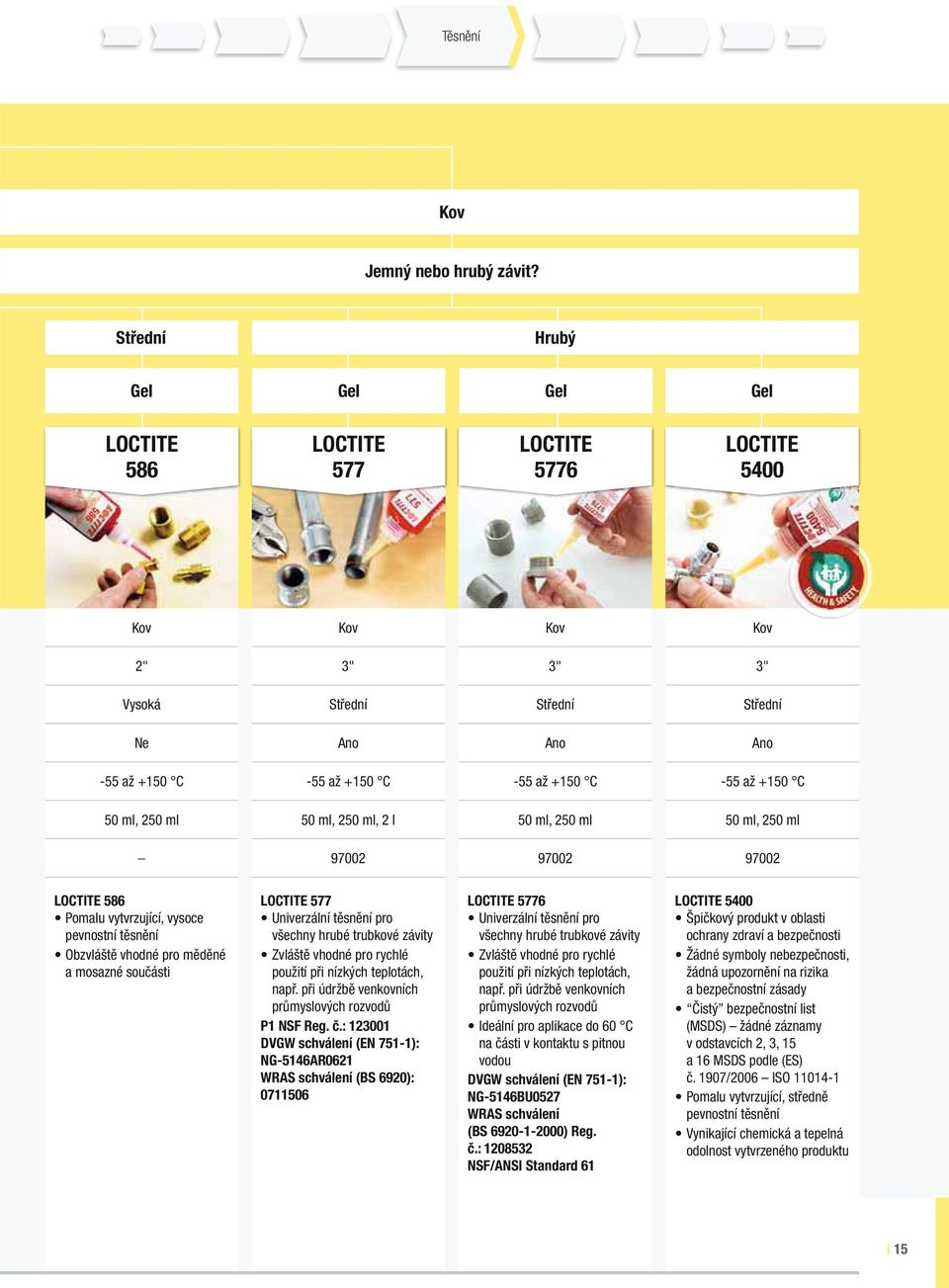 250 ml, 2 l 50 ml, 250 ml 50 ml, 250 ml 97002 97002 97002 586 Pomalu vytvrzující, vysoce pevnostní těsnění Obzvláště vhodné pro měděné a mosazné součásti 577 Univerzální těsnění pro všechny hrubé