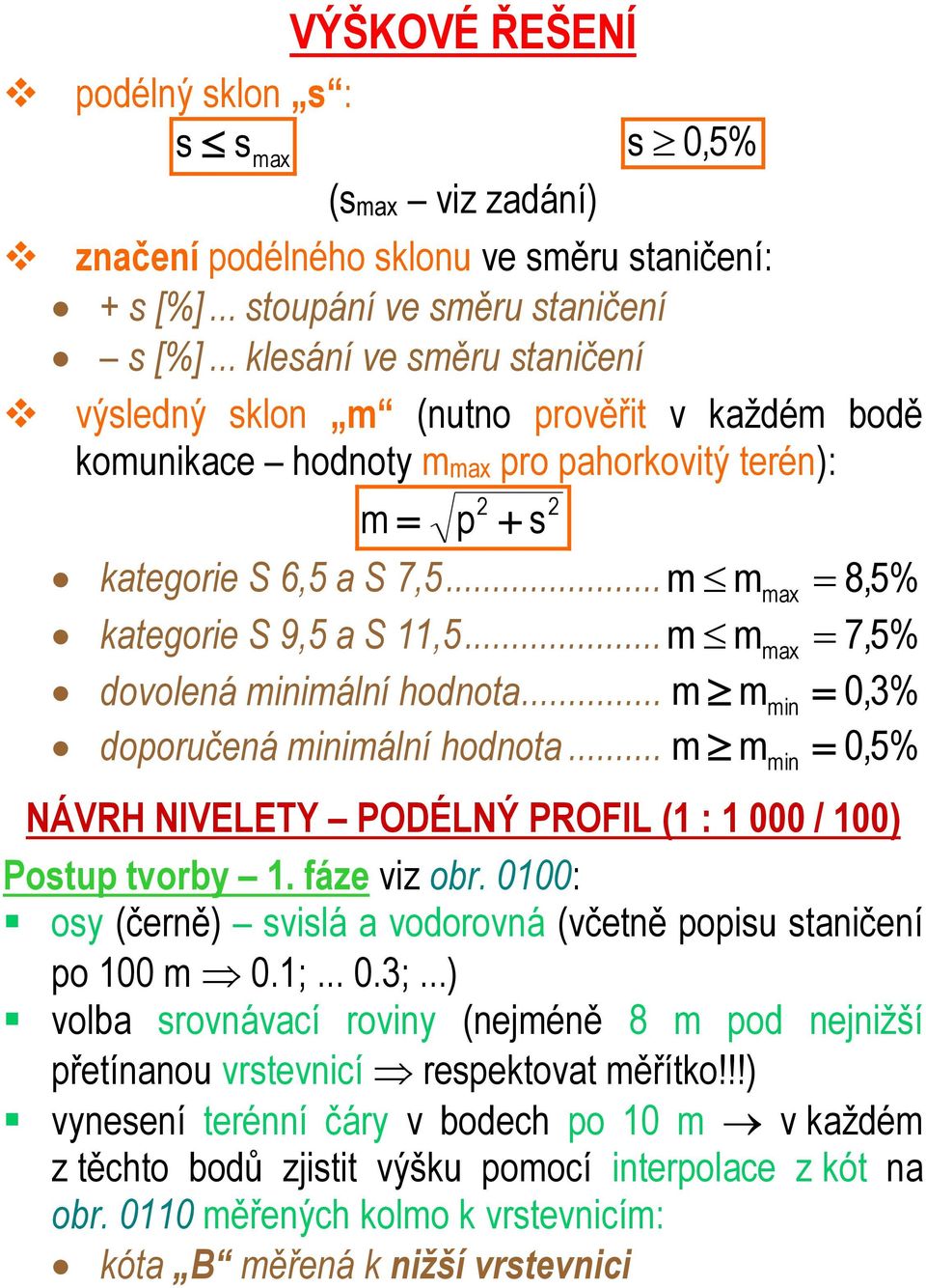 .. m m max 7,5% dovolená minimální hodnota... m m min 0,3% doporučená minimální hodnota... m m 0,5% min NÁVRH NIVELETY PODÉLNÝ PROFIL (1 : 1 000 / 100) Postup tvorby 1. fáze viz obr.