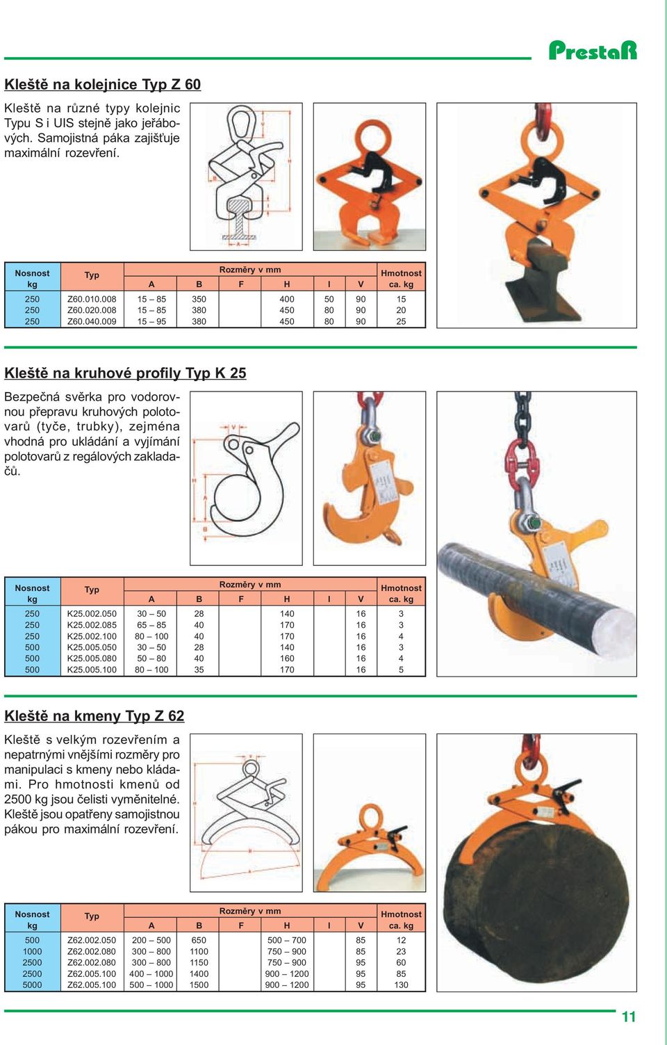 009 15 95 380 450 80 90 25 Kleštì na kruhové profily Typ K 25 Bezpeèná svìrka pro vodorovnou pøepravu kruhových polotovarù (tyèe, trubky), zejména vhodná pro ukládání a vyjímání polotovarù z
