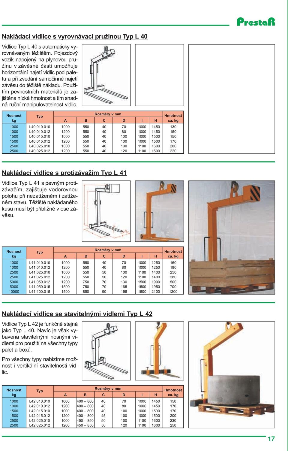 Použitím pevnostních materiálù je zajištìna nízká hmotnost a tím snadná ruèní manipulovatelnost vidlic. kg A B C D I H ca. kg 1000 L40.010.010 1000 550 40 70 1000 1450 130 1000 L40.010.012 1200 550 40 80 1000 1450 150 1500 L40.