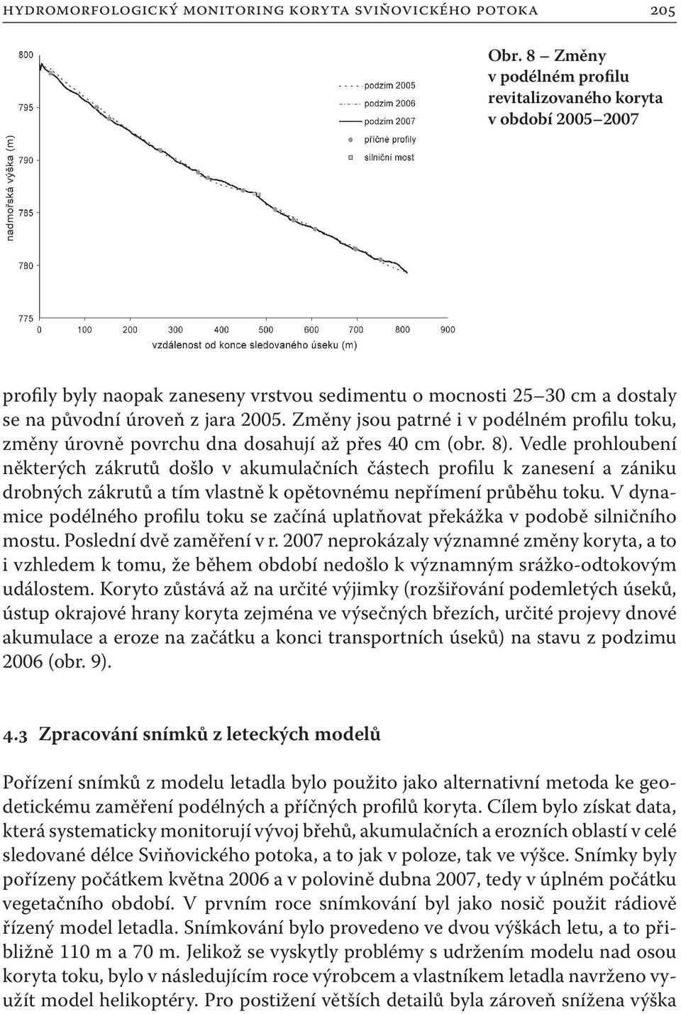 Změny jsou patrné i v podélném profilu toku, změny úrovně povrchu dna dosahují až přes 40 cm (obr. 8).