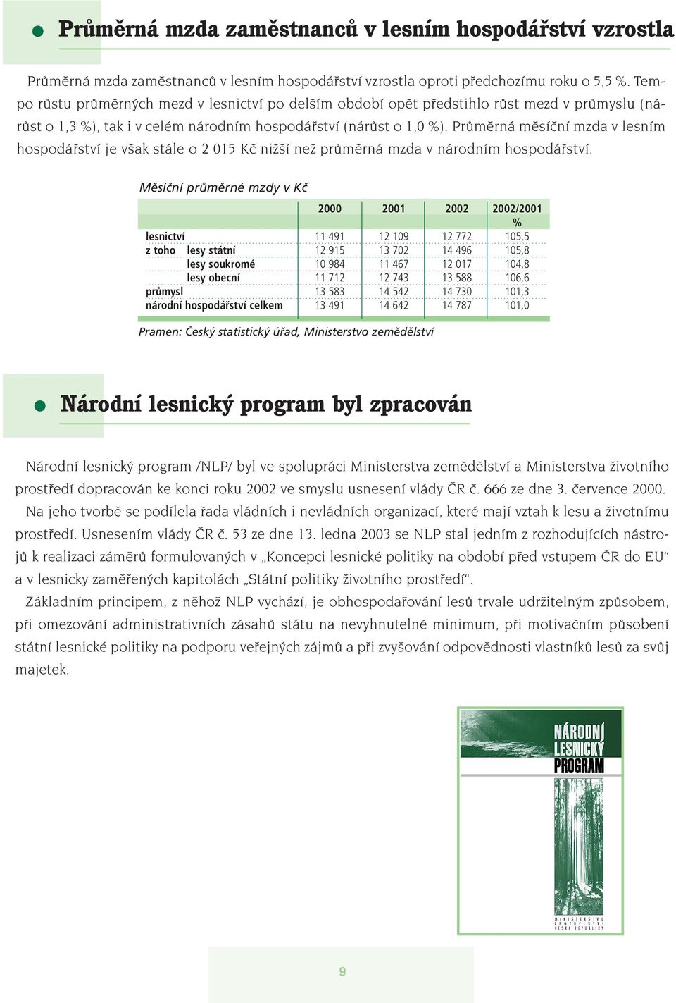 PrÛmûrná mûsíãní mzda v lesním hospodáfiství je v ak stále o 2 015 Kã niï í neï prûmûrná mzda v národním hospodáfiství.