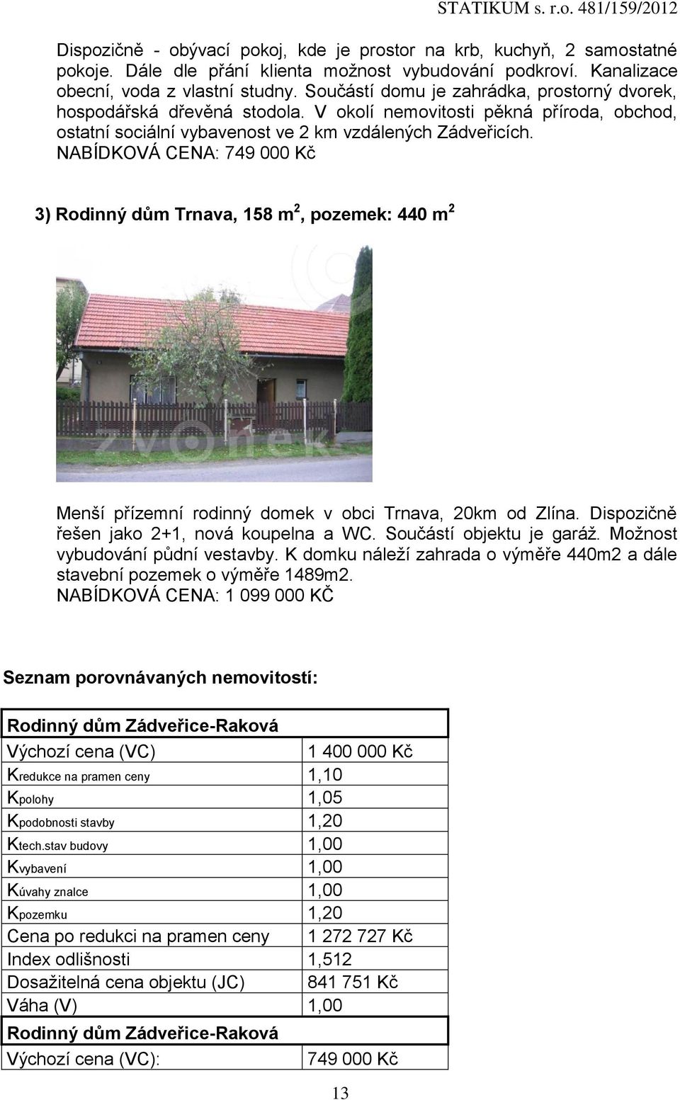 NABÍDKOVÁ CENA: 749 000 Kč 3) Rodinný dům Trnava, 158 m 2, pozemek: 440 m 2 Menší přízemní rodinný domek v obci Trnava, 20km od Zlína. Dispozičně řešen jako 2+1, nová koupelna a WC.