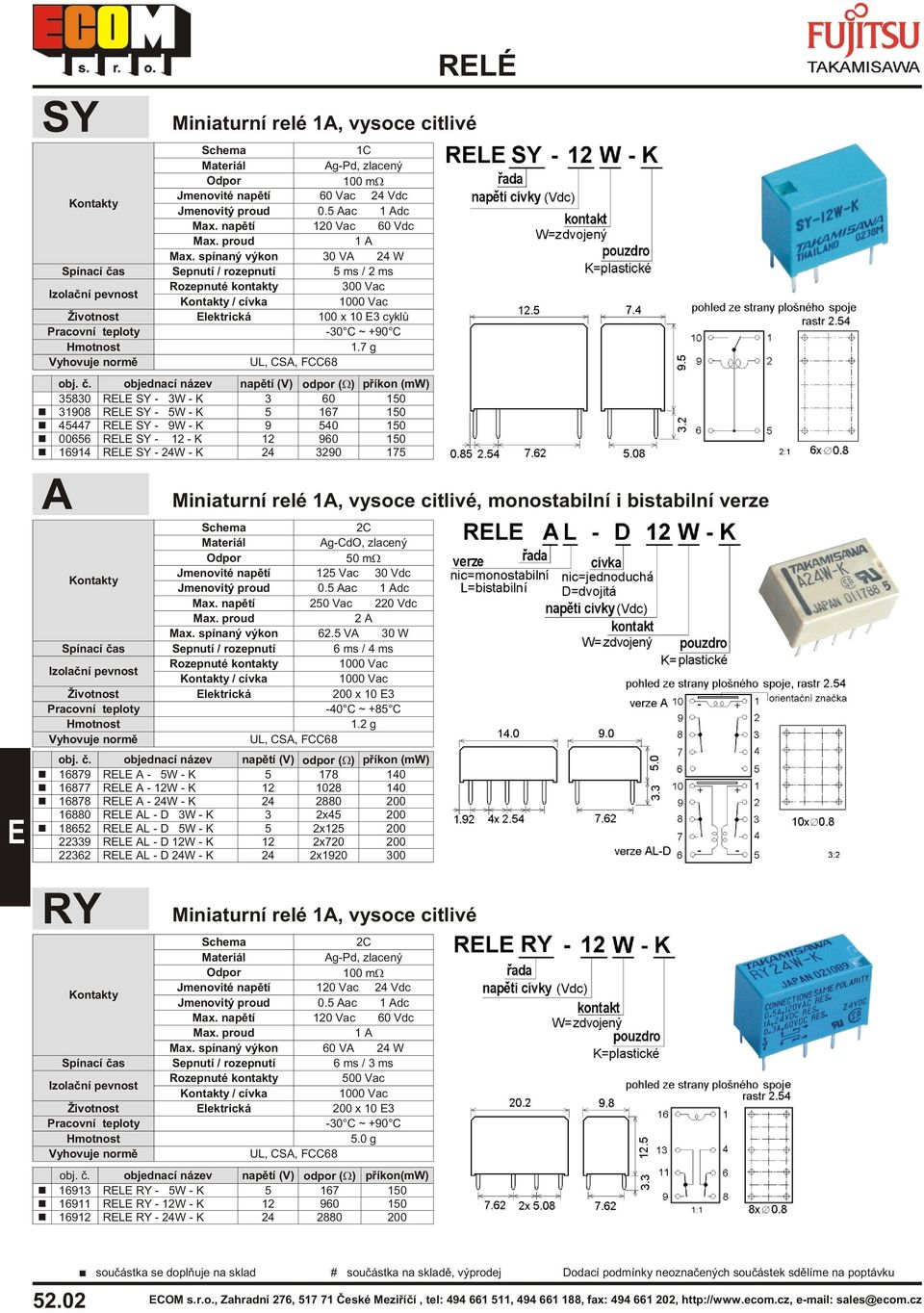 7 g UL, CSA, FCC68 35830 RL SY - 3W - K 3 60 150 31908 RL SY - 5W - K 5 167 150 45447 RL SY - 9W - K 9 540 150 00656 RL SY - 12 - K 12 960 150 16914 RL SY - 24W - K 24 3290 175 A Miniaturní relé,