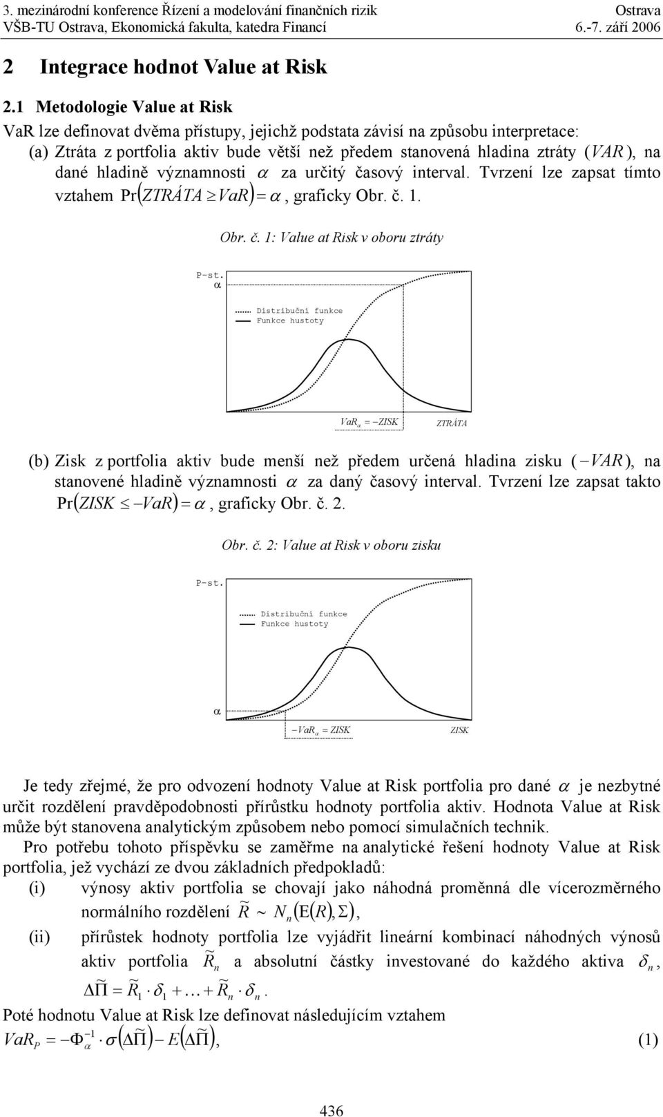 výzamosti za určitý časový iterval. vrzeí lze zapsat tímto vztahem r ( ZRÁA ) =, graficky Obr. č.. Obr. č. : Value at Risk v oboru ztráty -st.