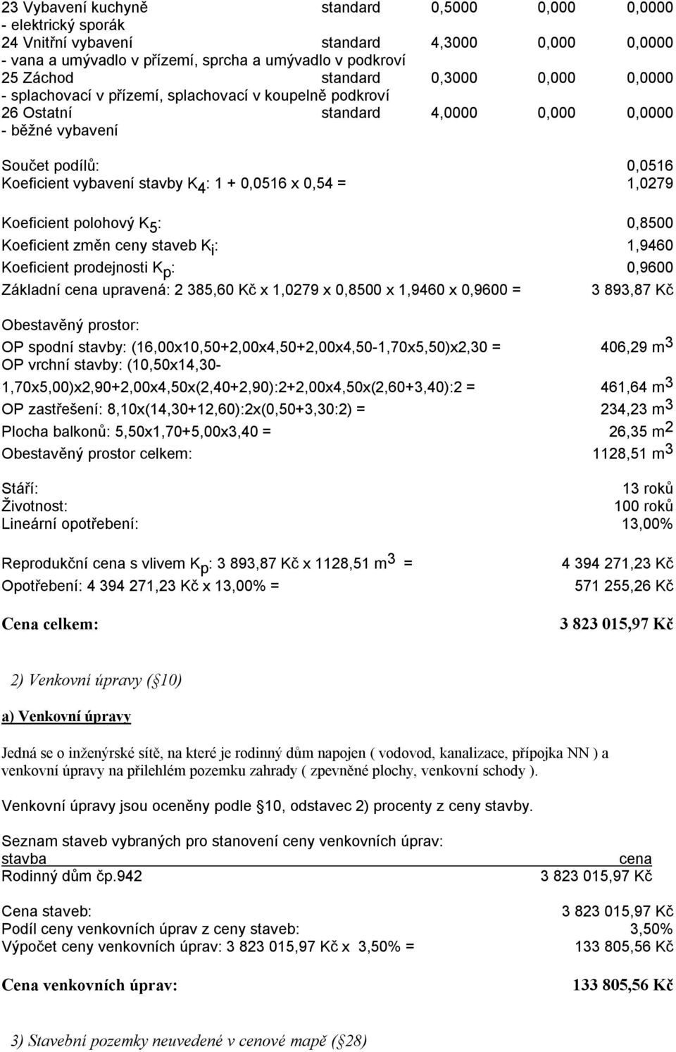 x 0,54 = 1,0279 Koeficient polohový K 5 : 0,8500 Koeficient změn ceny staveb K i : 1,9460 Základní cena upravená: 2 385,60 Kč x 1,0279 x 0,8500 x 1,9460 x 0,9600 = 3 893,87 Kč Obestavěný prostor: OP