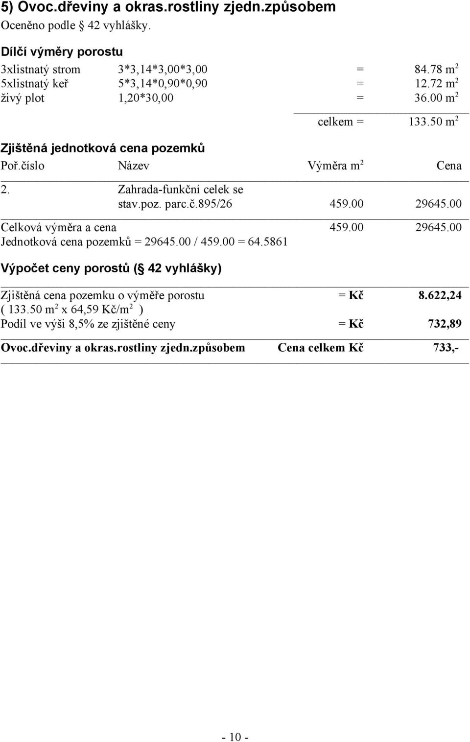 Zahrada-funkční celek se stav.poz. parc.č.895/26 459.00 29645.00 Celková výměra a cena 459.00 29645.00 Jednotková cena pozemků = 29645.00 / 459.00 = 64.