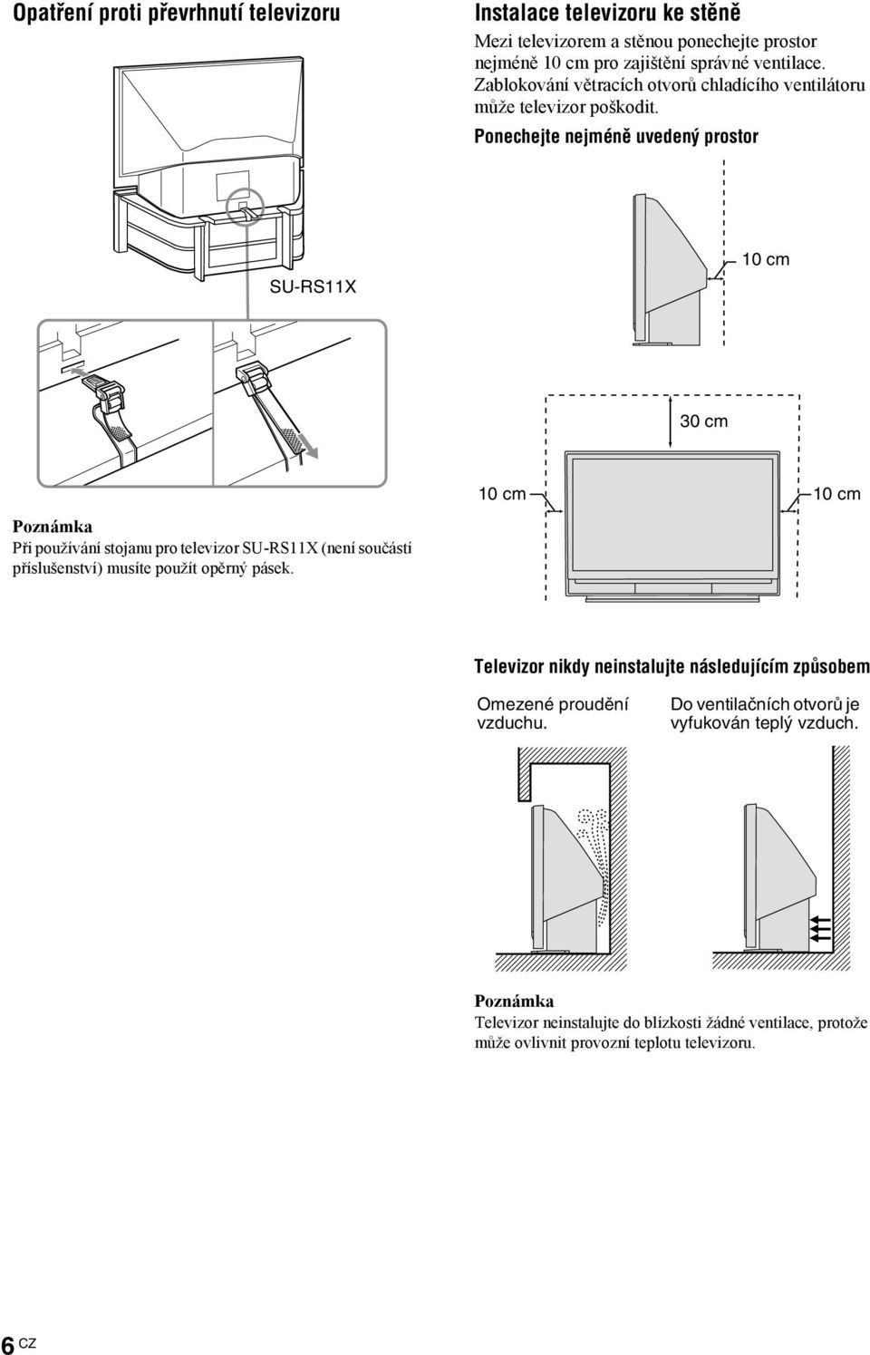 Ponechejte nejméně uvedený prostor SU-RS11X 10 cm 30 cm 10 cm 10 cm Poznámka Při používání stojanu pro televizor SU-RS11X (není součástí příslušenství) musíte