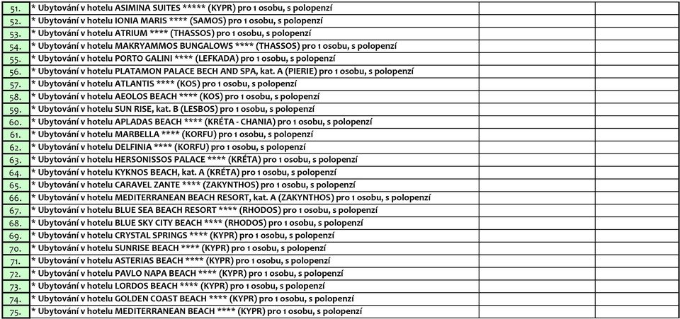 * Ubytování v hotelu PORTO GALINI **** (LEFKADA) pro 1 osobu, s polopenzí 56. * Ubytování v hotelu PLATAMON PALACE BECH AND SPA, kat. A (PIERIE) pro 1 osobu, s polopenzí 57.