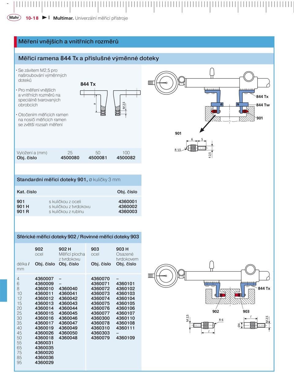 číslo 4500080 4500081 4500082 R 1,5 Standardní měřicí doteky 901, Ø kuličky 3 mm Kat. číslo Obj.
