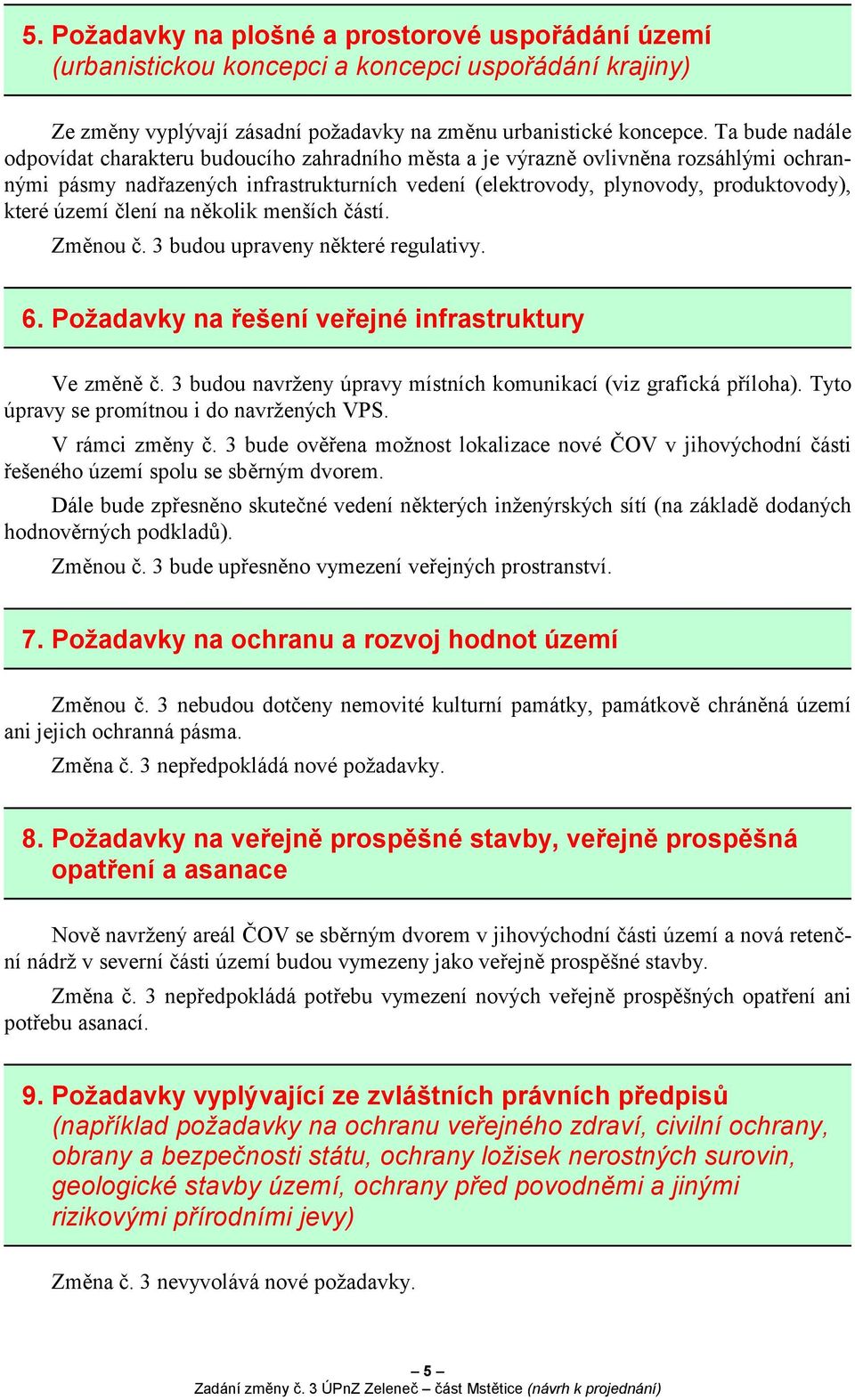 území člení na několik menších částí. Změnou č. 3 budou upraveny některé regulativy.. Požadavky na řešení veřejné infrastruktury Ve změně č.